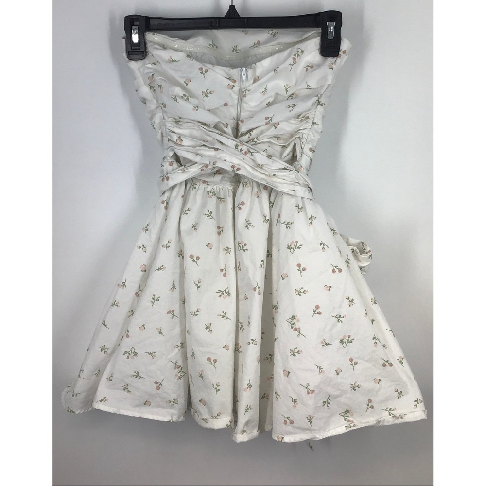 Strapless Ruched Fit & Flare Dress White Rosebud Floral Bow Sash Coquette S - Picture 2 of 10